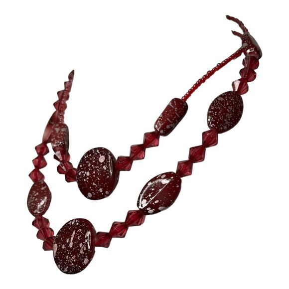 Red Double Strand Necklace Seed Bead Speckled Round Beaded 16” Lobster Claw - Picture 6 of 8